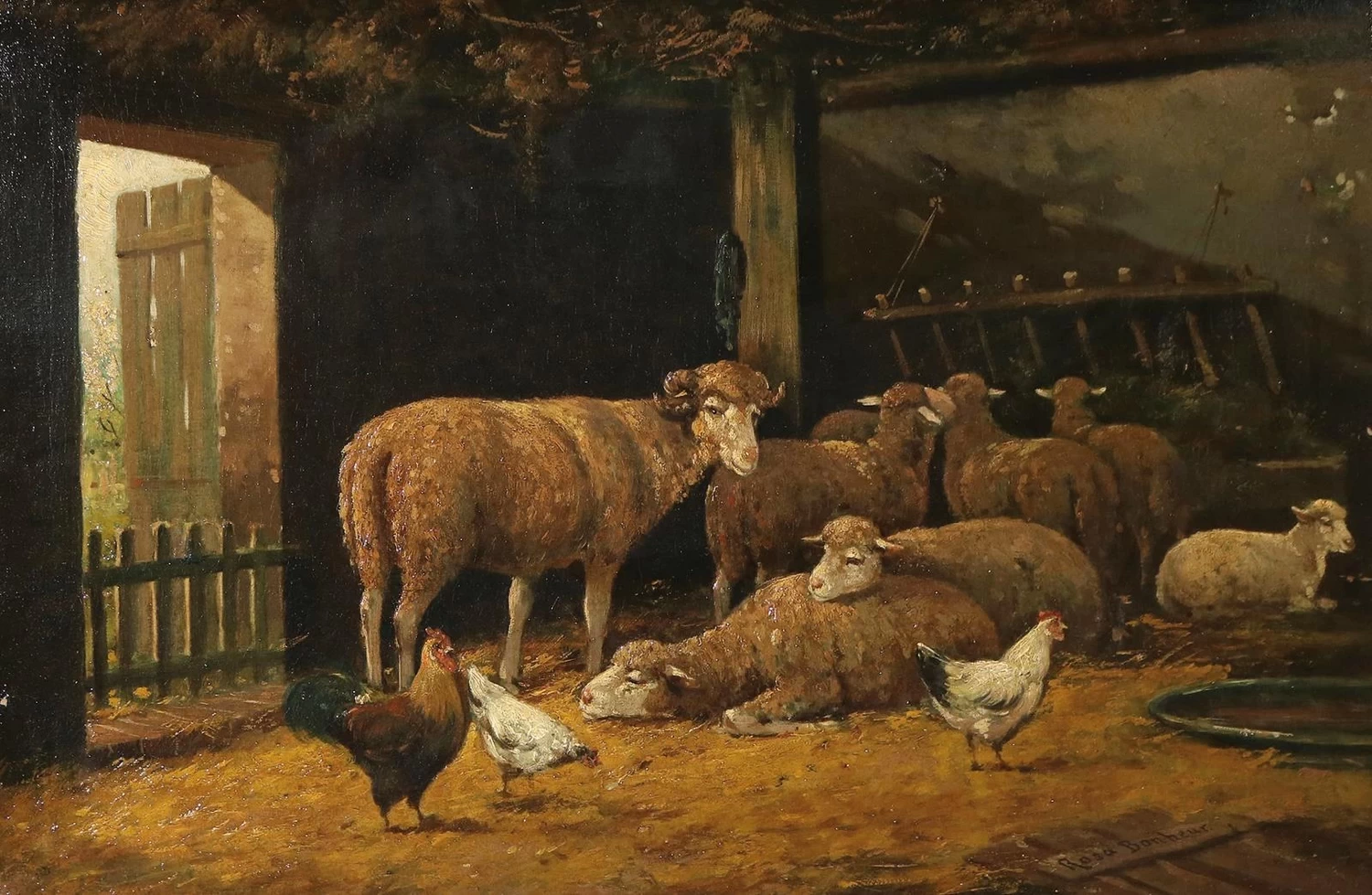 Pecore e galline nella stalla al tramonto